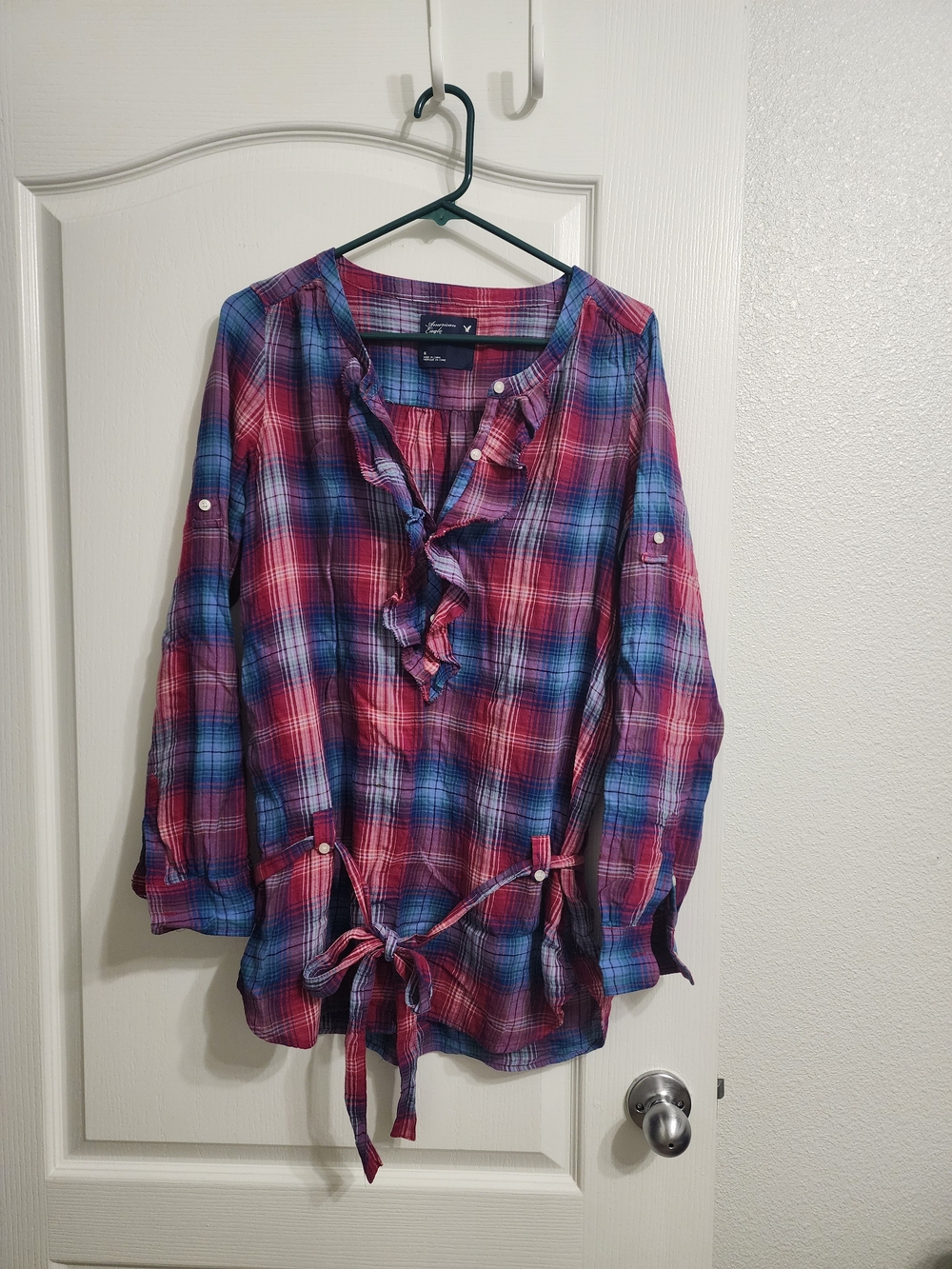 American Eagle Outfitters Pink & Blue Plaid Ruffle-Front Tunic